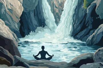Fototapeta premium A serene figure meditating by a waterfall in a tranquil natural setting.