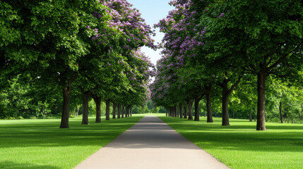Obraz premium A serene path lined with lush trees and vibrant flowers, inviting tranquility and peace.