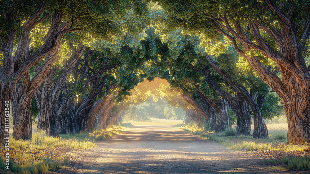 Poster a serene path lined with vibrant trees creating a tranquil and inviting atmosphere.