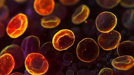 Close-up of blood cells glowing under a microscope, their surfaces revealing intricate details in radiant colors.
