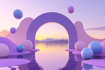 Fototapete Rund Abstract geometric pastel purple surreal background with floating spheres, sunset light reflection on the water surface, and an arched portal.  © Monktwins