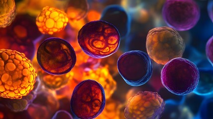 Close-up of blood cells glowing under a microscope, their surfaces revealing intricate details in radiant colors.