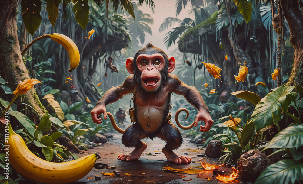 Poster A cartoon monkey is standing in front of a bunch of bananas. The bananas are scattered around the monkey, and some of them are even on the ground. The scene has a playful and lighthearted mood