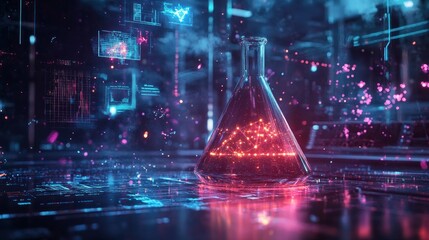A glowing laboratory flask amidst a digital, futuristic environment.