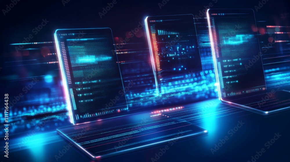 Aufkleber futuristic digital screens displaying data analytics.