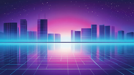 Obraz premium Neon urban city skyline at night view through VR glasses. Modern town buildings exterior with reflections. Metaverse virtual reality technology. 