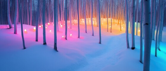 A serene winter forest illuminated by colorful lights, creating a magical atmosphere.