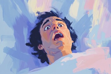 A startled man lies in bed, expressing fear or shock through his wide eyes and open mouth.