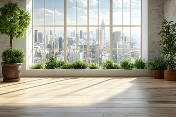 Sunlit modern room with city view & plants.