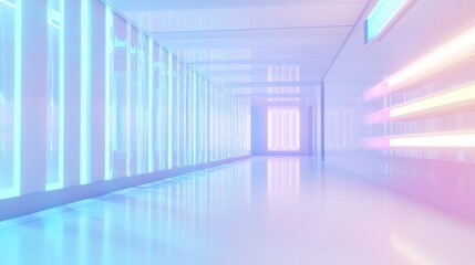 Futuristic hallway with vibrant neon lights.
