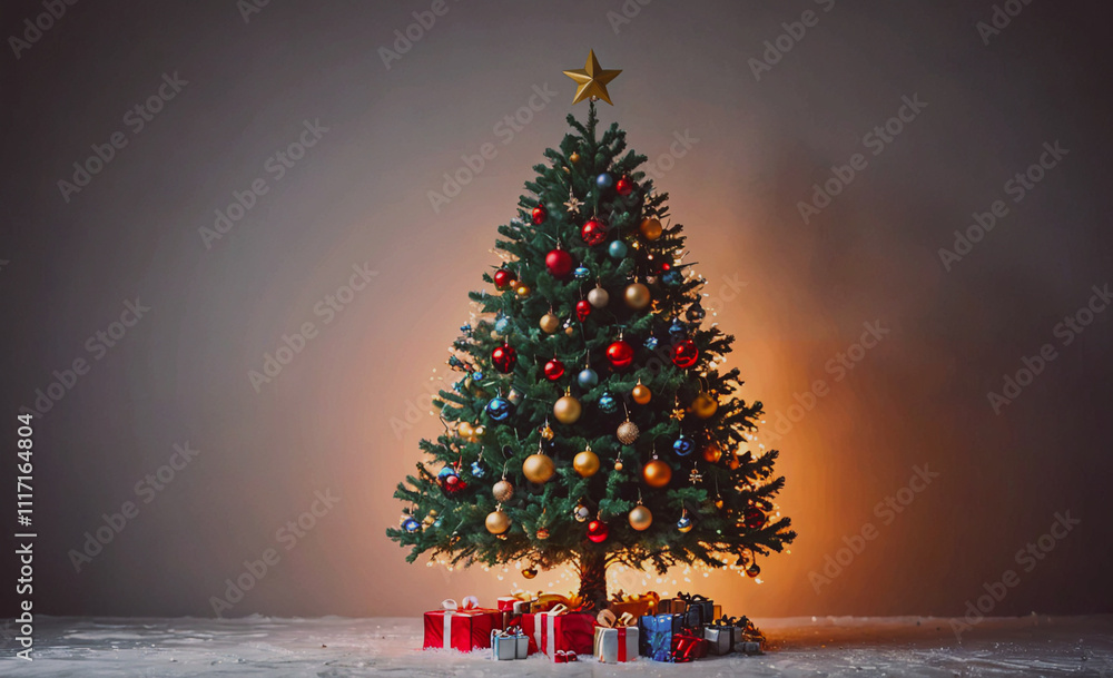 Poster a christmas tree with many ornaments and a star on top. the tree is surrounded by presents and is li