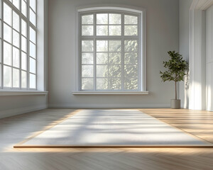 Fototapeta premium Sunlit room interior with large windows, hardwood floors, and a light-colored rug.