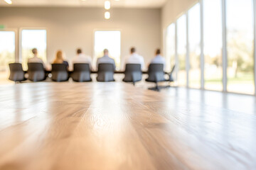 A wooden table in a conference room with blurred figures seated behind.