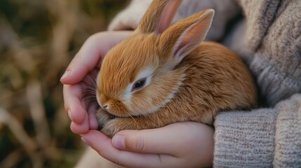 Cute Bunny in Human Hands with Soft Fur in Natural Environment