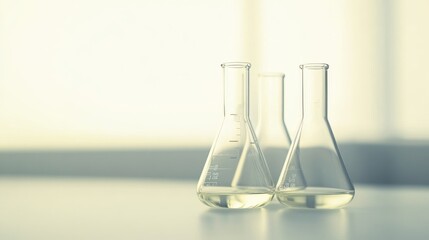 Glass lab equipment with clear solutions inside.