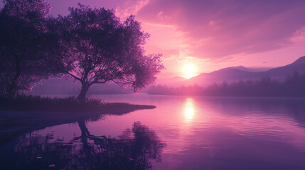 sunrise over the lake in purple