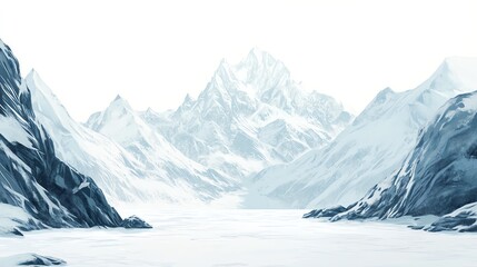 Obraz premium a 2D cartoon illustration of a snowy mountain landscape, cold and serene, white background--ar 16:9
