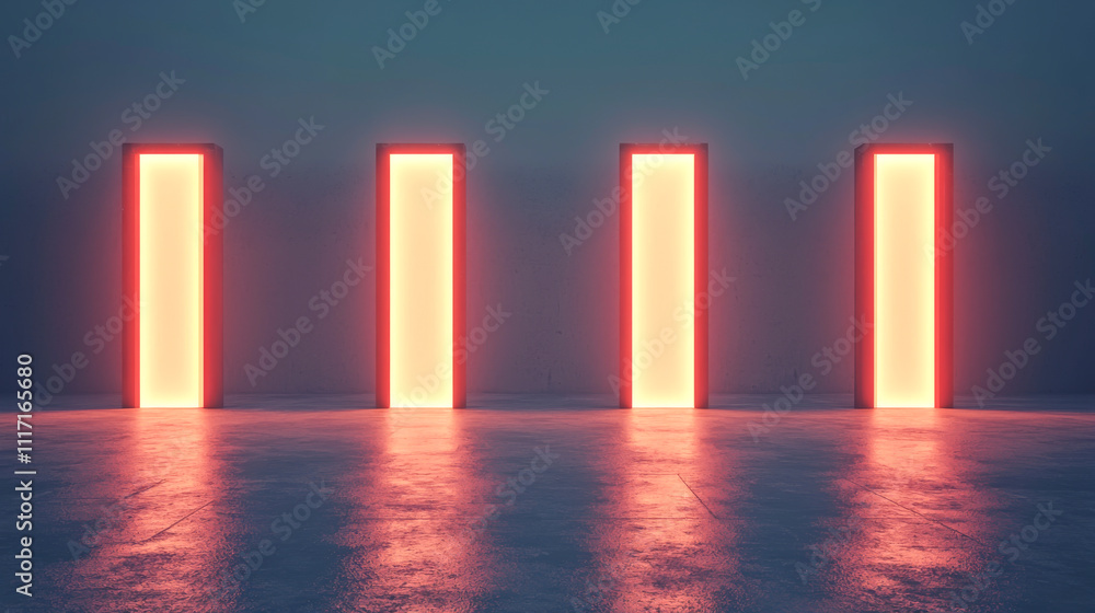 Poster abstract design of glowing illuminated doors in a modern setting for futuristic concepts.