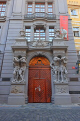 Street view of old historic buildings in Prague Czech (Praha, Czechia)