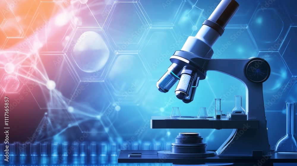 Poster high-tech microscope in laboratory setting.
