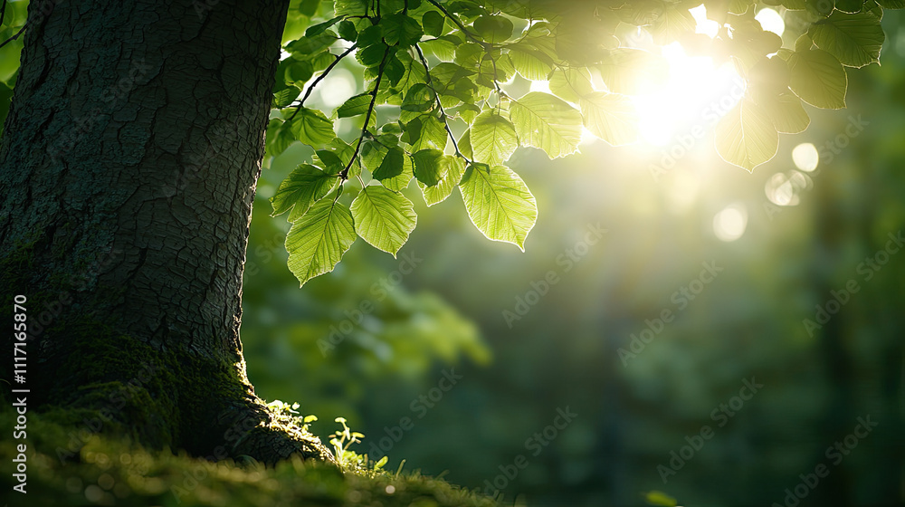 Poster sunlight filtering through green leaves, creating a serene nature backdrop.