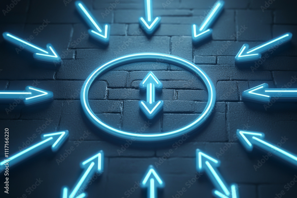 Poster abstract neon arrows pointing towards a central circle on a textured background.