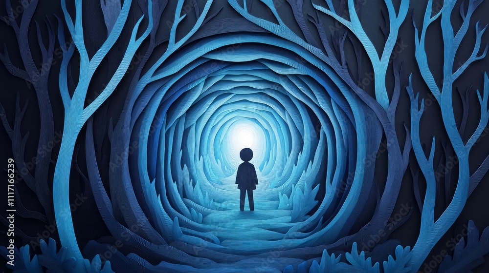 Poster enigmatic journey through a mystical forest featuring a silhouette of a child standing in a blue-tin