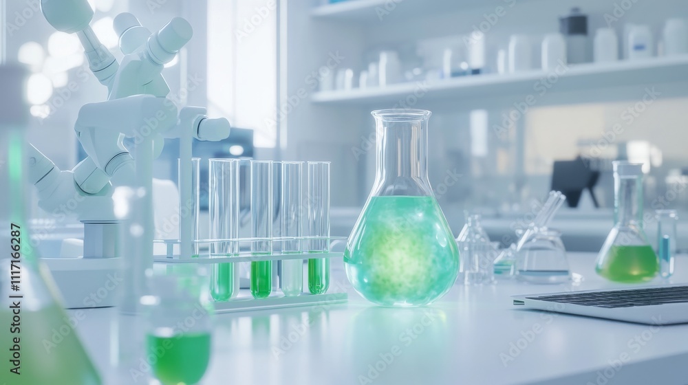 Poster lab setup with colorful chemical solutions.