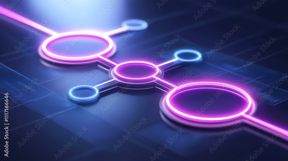 Poster abstract technology background with glowing lines and circles in vibrant colors.