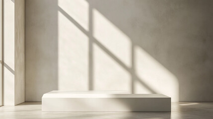 Minimalist White Platform  Sunlit Room  Empty Display  Concrete Wall