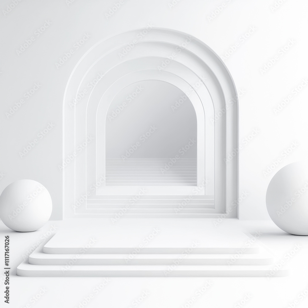 Poster abstract white background with arches and spheres for modern design concepts.