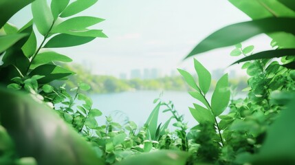 Fototapeta premium Lush greenery framing a peaceful lake view.