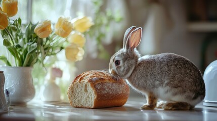 Cute bunny curiously sniffing a loaf of fresh bread on a table