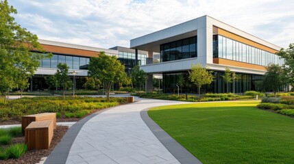 Modern Business Complex with Lush Green Landscaping and Pathway on a Bright Sunny Day