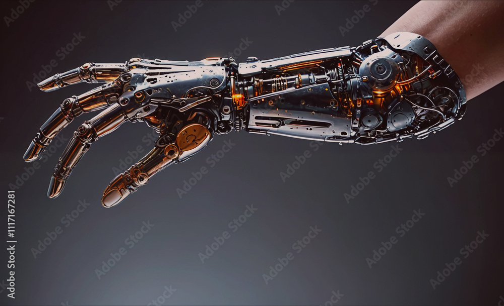 Poster a robotic hand with a metal arm and a metal wrist. the hand is pointing to something. the image has 