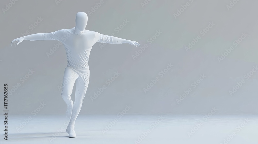 Poster minimalist figure in a dynamic pose on gray backdrop.