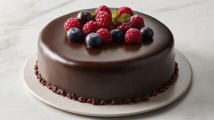 Decadent Chocolate Cake Topped with Fresh Berries and Mint Leaves