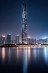 Obraz premium Stunning Skyscraper Reflected in Calm Water During Nighttime in a Vibrant Cityscape 