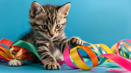 Kitten pawing at colorful ribbons on blue background