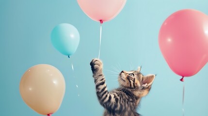 Kitten pawing at floating balloons on blue background