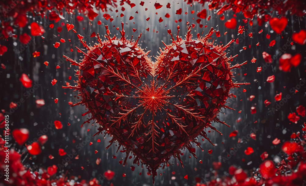 Poster a heart made of red pieces of paper is falling from the sky. the heart is surrounded by red snowflak