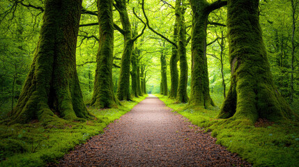 Naklejka premium A serene pathway lined with lush green trees and vibrant moss-covered trunks.