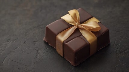 Elegant Chocolate Gift Box with Golden Ribbon on Dark Surface