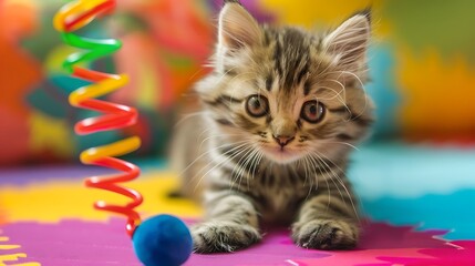Kitten playing with a spring-loaded toy on colorful background