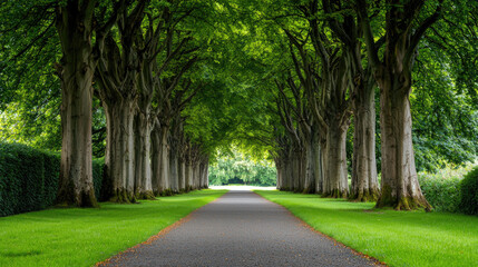Fototapeta premium A serene pathway lined with lush green trees under a clear blue sky.