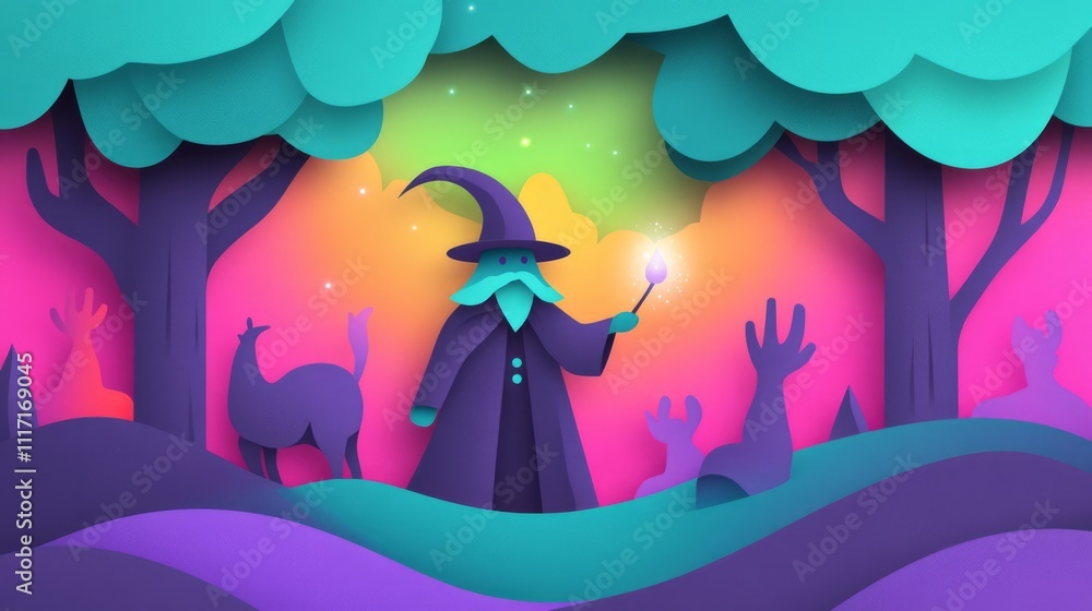 Poster enchanted forest scene featuring a wizard with a magic wand surrounded by colorful trees and animals