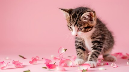 Kitten playing with fallen flower petals on pink background