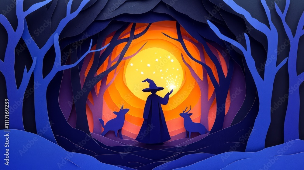 Poster enchanting wizard in a magical forest with illuminated background and curious deer watching the spel