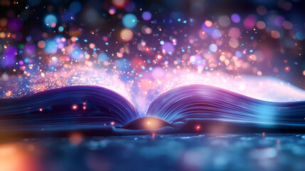 An open book illuminated by enchanting lights and sparkles, symbolizing magic and wonder.
