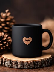 Fototapeta premium A matte black mug featuring a heart with the word 